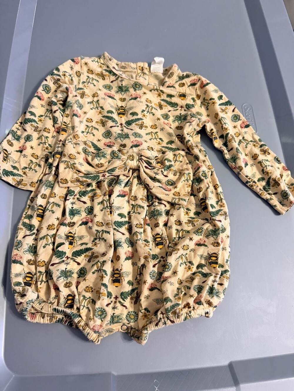 Kate Quinn The Woods Long Sleeve Bow Bubble Romper Size 6-12m Bee Floral Plant